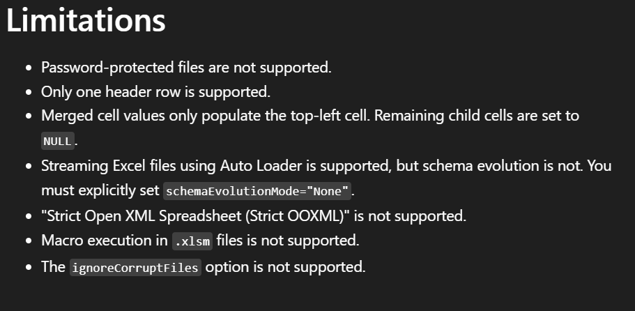 Documentation excerpt describing Excel ingest limitations.
