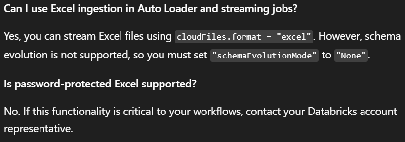Additional FAQ excerpt from the Databricks Excel documentation.
