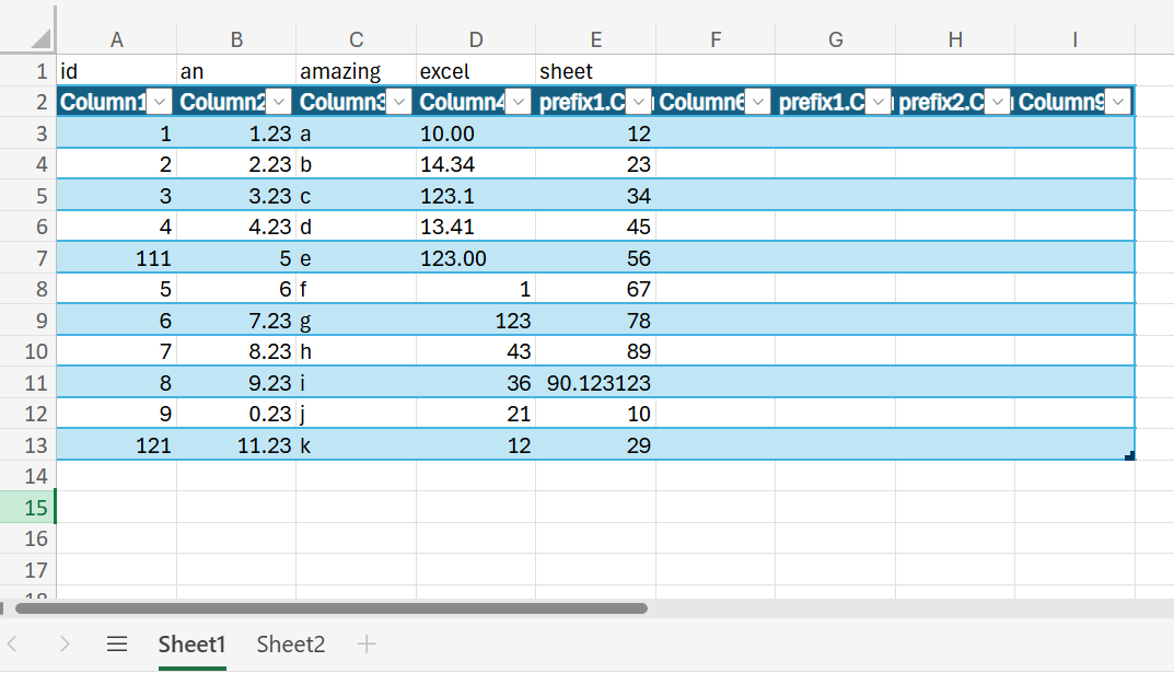Excel data range selected for ingest.