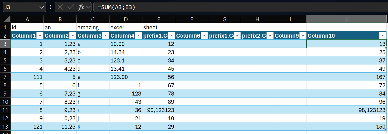 Example of an Excel formula column.