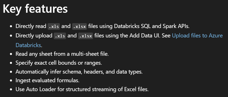 Key features of spark excel ingest.