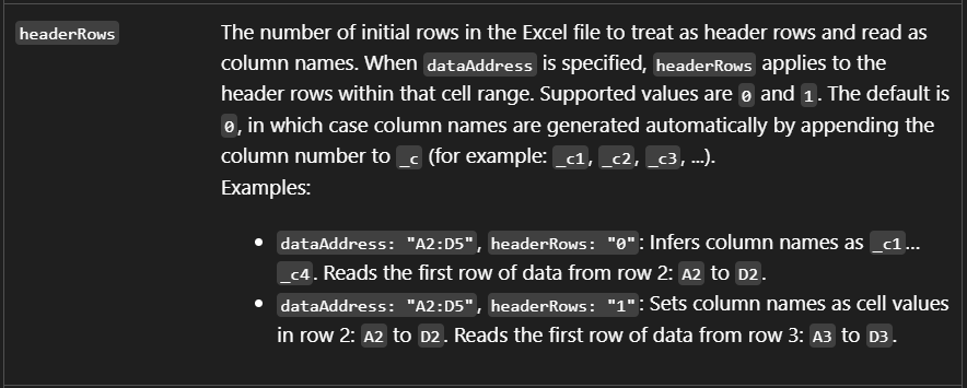 Documentation excerpt for the headerRows argument.